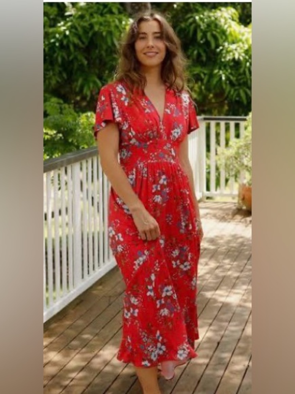 Fraiche by J Red Floral V-Neck Maxi Dress L